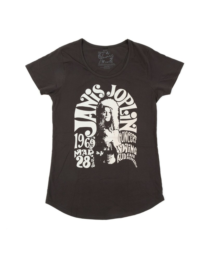 Janis Joplin Janis 1969 March 28th Concert San Bernadino Concert Swing Womens Black T-shirt $9.60 Shirts